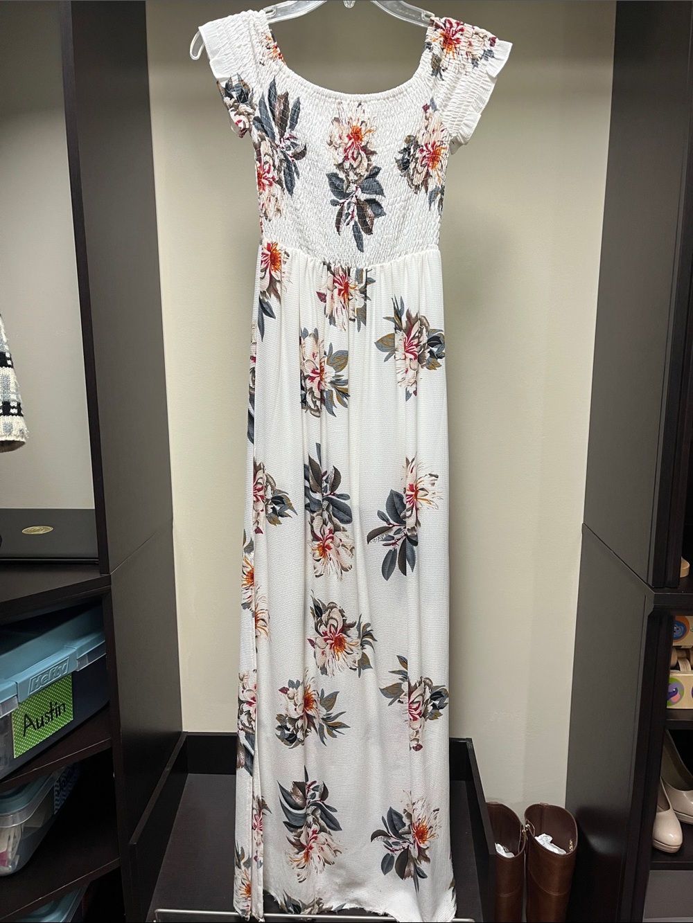 L'ATISTE White Floral Smocked Maxi Dress with Pink and Green Accents